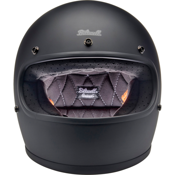 Clean studio shot of Biltwell, Gringo Helmet, Biltwell, motorcycle helmet, black, showing smooth shell profile, ventilation ports, and padded chin strap for rider comfort. SKU '010116319., Colors: Black, Flat Black, Metallic Grape, SKU 0101163