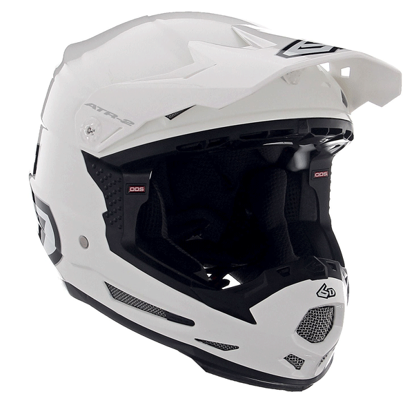 6D helmet white gloss product view — with ODS impact management for angular and linear energy, ventilated and lightweight, 6d-atr-2y-solid-helmet-youth.