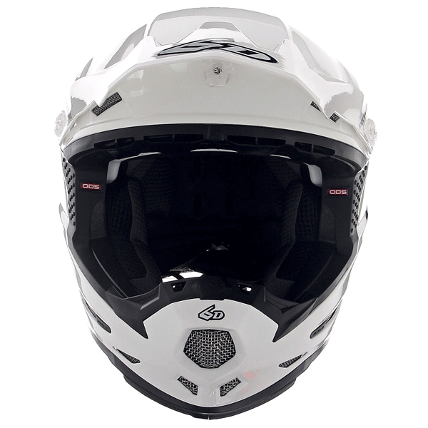 6D helmet white gloss product view — with ODS impact management for angular and linear energy, ventilated and lightweight, 6d-atr-2y-solid-helmet-youth.