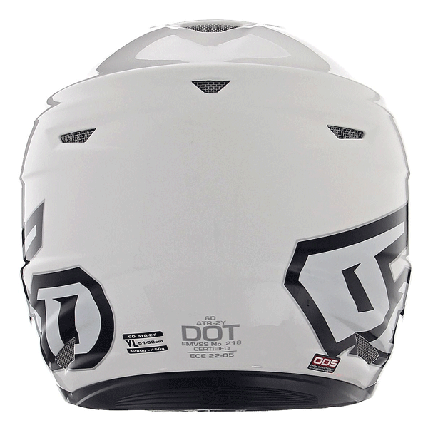 6D helmet white gloss product view — with ODS impact management for angular and linear energy, ventilated and lightweight, 6d-atr-2y-solid-helmet-youth.
