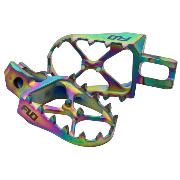 Studio photo on a white background of Flo Motorsports - Pro Series Titanium Footpegs; showing overall shape and visible design details; SKU 122-8026T