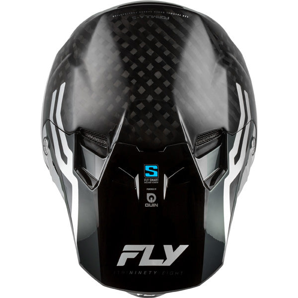 Studio view of fly racing formula s carbon byte helmet-youth, in black carbon and teal and lime, on a white studio background, | Fly Racing - Formula S Carbon Byte Helmet (Youth) | SKU 73-4450 | Colors: Black Carbon/Grey/Silver, Blue Carbon/Blue/White, Black Carbon/Teal/Lime, Red Carbon/Red/Grey | Available at BTO Sports