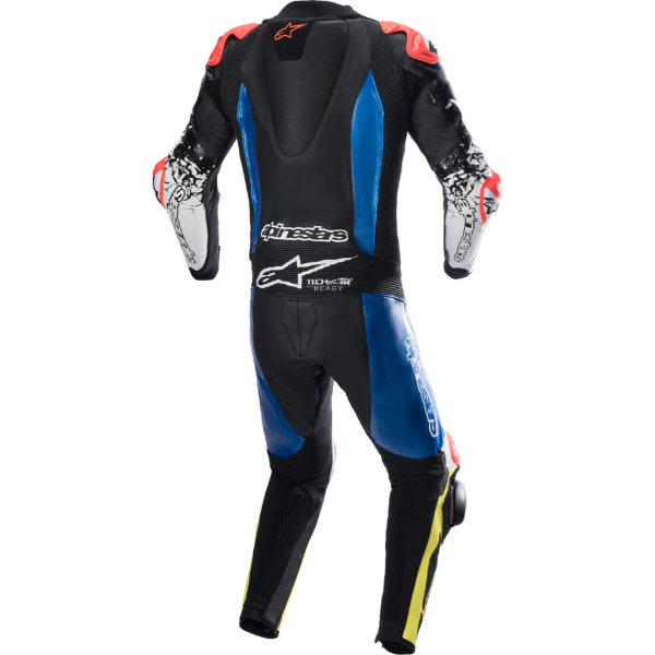 Studio product photo on a white background of Alpinestars, GP Tech V4 Leather Race Suit, front view, Colors: Black/Blue/Yellow Fluo, Black/Red/Yellow Fluo, Black/White, SKU 280115