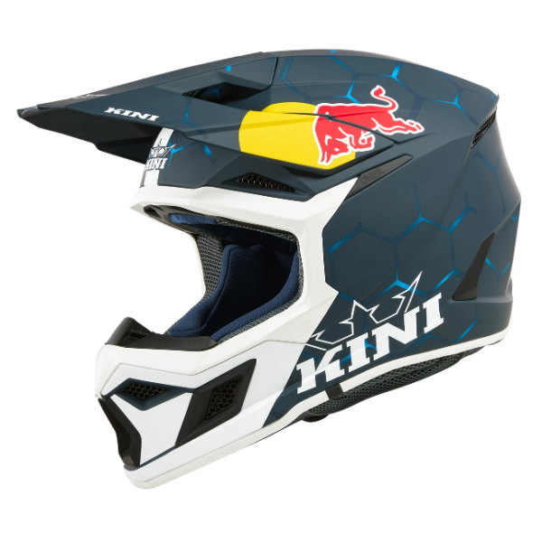 Catalog studio image of O'Neal, Kini Red Bull MX3 1.0 Helmet, SKU K0603-002, color options Blue/White, sizes XS–2X