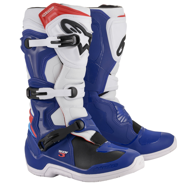 Product image of ALPINESTARS TECH 3 BOOTS BLUE WHITE RED 3b913b07 bb3b 4fab bf37 12bfa3c9785c motocross boots showing design and colorway | Available at BTO Sports