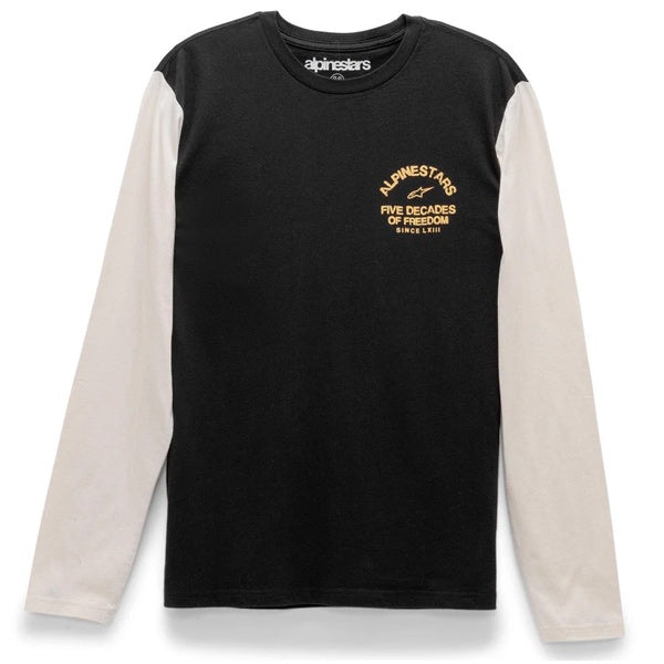 High-resolution studio image of Alpinestars Decades Premium Tee; showing tee fit, printed graphics, and crew neckline; SKU 303020081; Sizes: M-2XL