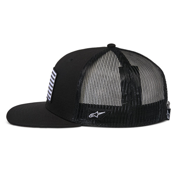 Crisp studio image on a white background of Alpinestars - Flag Flat Trucker Hat; showing overall shape and visible design details; SKU 482-763