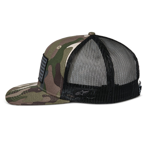 Crisp studio image on a white background of Alpinestars - Flag Flat Trucker Hat; showing overall shape and visible design details; SKU 482-763