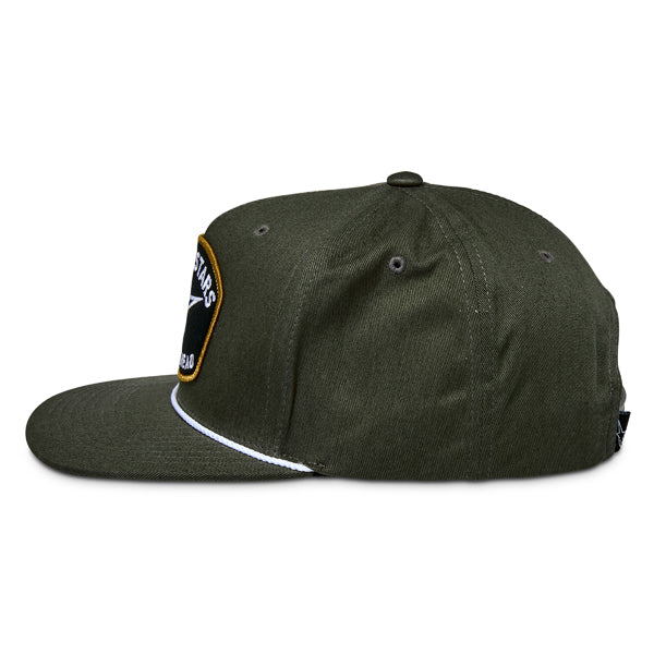 Clean studio shot of Alpinestars - Promptus Snapback Hat; showing overall shape and visible design details; SKU 482-763; Colors: Military Green, Black
