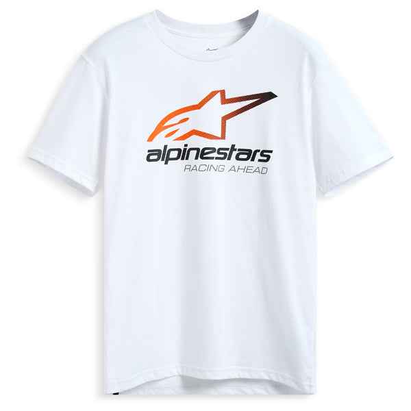 High-resolution studio image of Alpinestars Aligned CSF Tee; showing tee fit, printed graphics, and crew neckline; SKU 482-76394S; Colors: Black, White