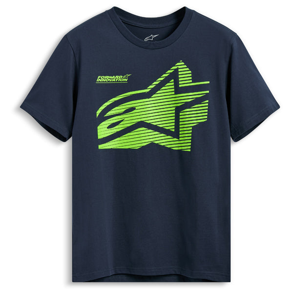 High-resolution studio image of Alpinestars Fasting CSF Tee; showing tee fit, printed graphics, and crew neckline; SKU 482-76407S; Colors: Black, Navy