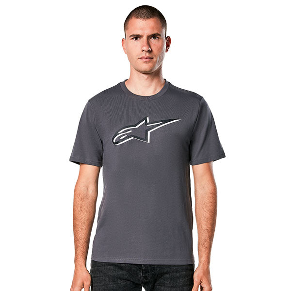 Clean studio shot of Alpinestars Ageless Shadow CSF T-Shirt; showing tee fit, printed graphics, and crew neckline; SKU 482-76290S; Sizes: S-2XL