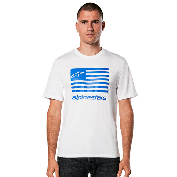 High-resolution studio image of Alpinestars Flag CSF T-Shirt; showing tee fit, printed graphics, and crew neckline; SKU 482-76304S; Sizes: S-2XL