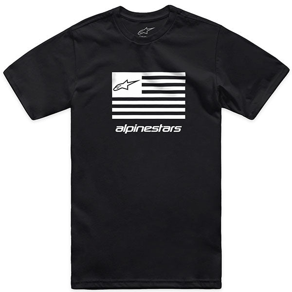 High-resolution studio image of Alpinestars Flag CSF T-Shirt; showing tee fit, printed graphics, and crew neckline; SKU 482-76304S; Sizes: S-2XL