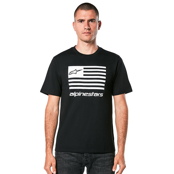 Studio photo on a white background of Alpinestars Flag CSF T-Shirt; showing tee fit, printed graphics, and crew neckline; SKU 482-76304S; Sizes: S-2XL