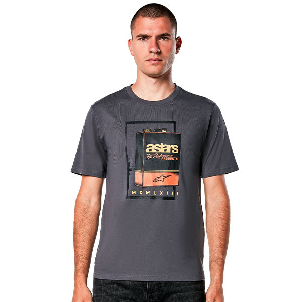 High-resolution studio image of Alpinestars Galun CSF T-Shirt; showing tee fit, printed graphics, and crew neckline; SKU 3030239; Colors: White, Charcoal