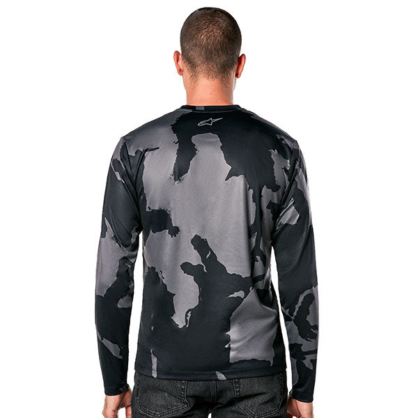 Studio photo on a white background of Alpinestars Camo Performance Long Sleeve T-Shirt; showing long-sleeve cut, printed graphics, and crew neckline