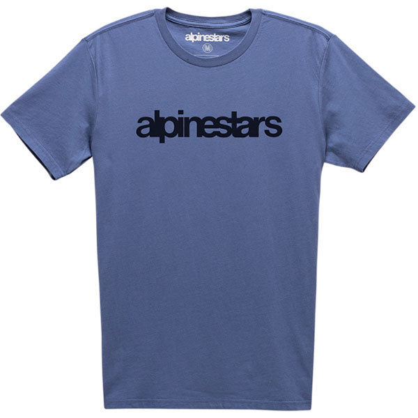 High-resolution studio image of Alpinestars Heritage Word T-Shirt; showing tee fit, printed graphics, and crew neckline; SKU 303018941; Sizes: M-2XL
