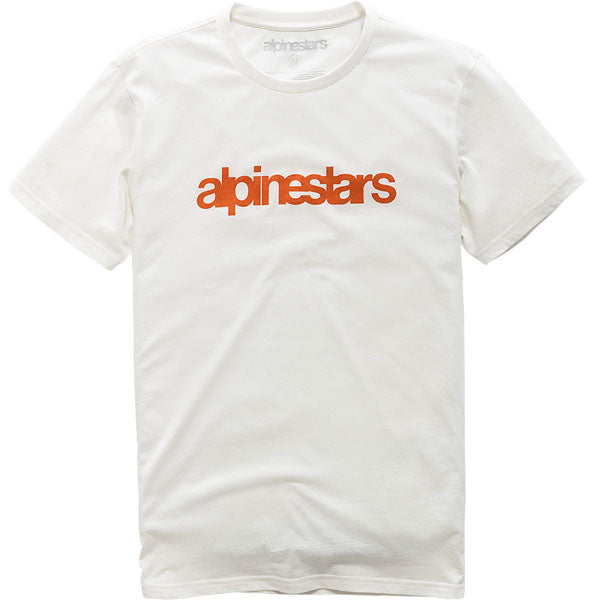 Crisp studio image on a white background of Alpinestars Heritage Word T-Shirt; showing tee fit, printed graphics, and crew neckline; SKU 303018941