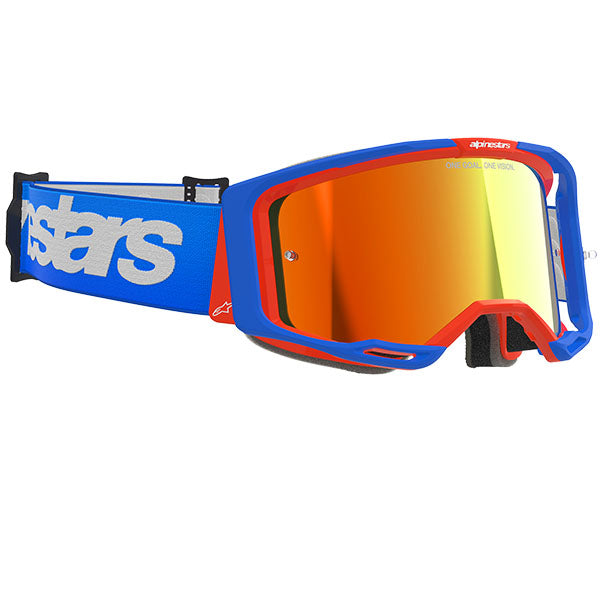 Product image of Alpinestars BTO Sports 5101325 7303 d2 Vision 8 Wordmark Goggle Blue Orange Mirror Red motocross goggles showing frame design, lens style, and colorway