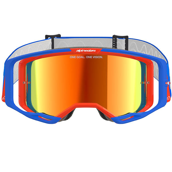 Product image of Alpinestars BTO Sports 5101325 7303 d1 Vision 8 Wordmark Goggle Blue Orange Mirror Red motocross goggles showing frame design, lens style, and colorway