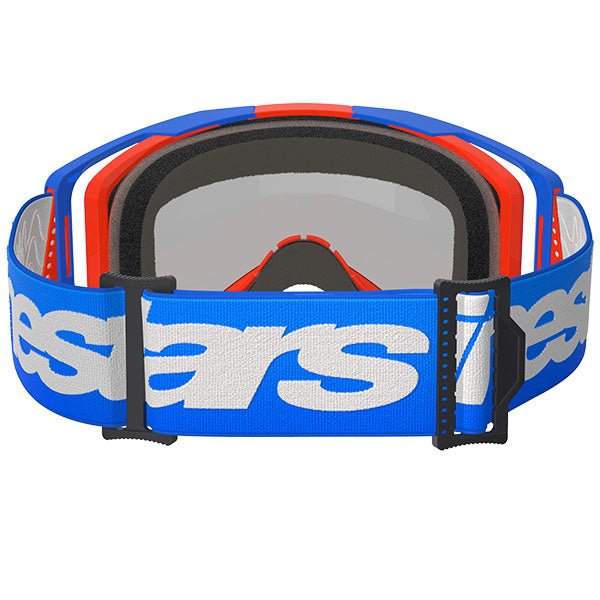 Product image of Alpinestars BTO Sports 5101325 7303 b Vision 8 Wordmark Goggle Blue Orange Mirror Red motocross goggles showing frame design, lens style, and colorway