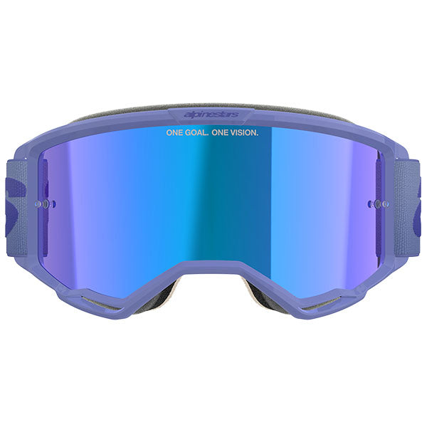 Product image of Alpinestars BTO Sports 5102425 3116 d1 Vision 5 Wordmark Goggle Purple Mirror Blue motocross goggles showing frame design, lens style, and colorway