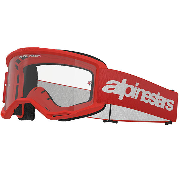 Product image of Alpinestars BTO Sports 5103325 3067 f Vision 3 Wordmark Goggle Red Clear motocross goggles showing frame design, lens style, and colorway