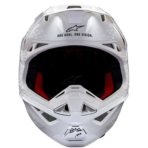 White Glossy product view, lightweight off‑road motorcycle helmet with ventilation and impact protection