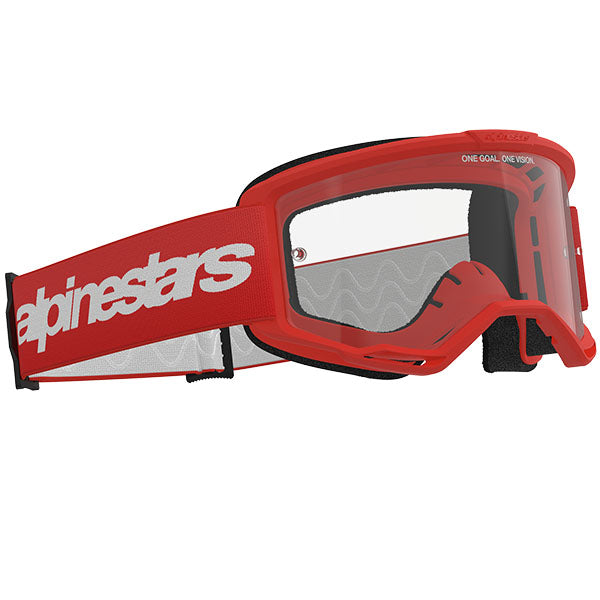 Product image of Alpinestars BTO Sports 5103325 3067 d2 Vision 3 Wordmark Goggle Red Clear motocross goggles showing frame design, lens style, and colorway