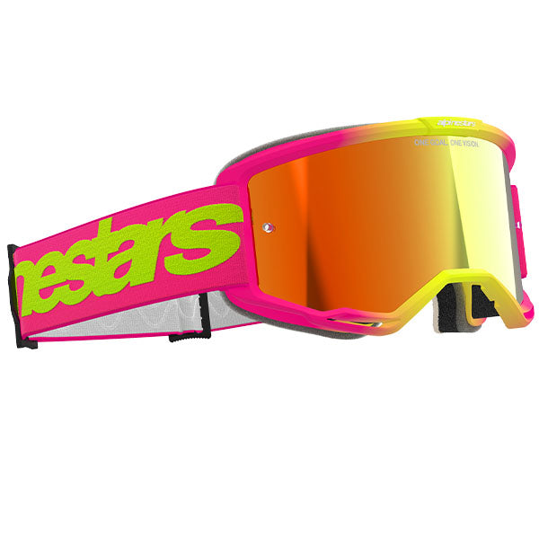 Product image of Alpinestars BTO Sports 5102425 3085 d2 Vision 5 Wordmark Goggle Pink Fluo Yellow Mirror Red motocross goggles showing frame design, lens style, and colorway