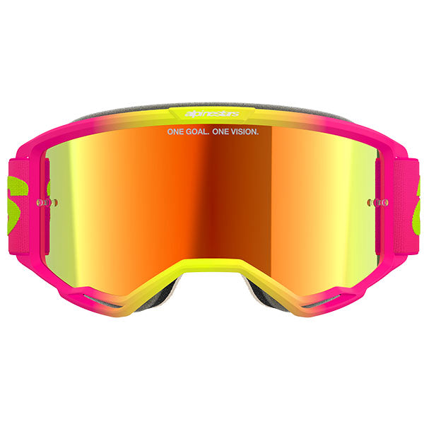 Product image of Alpinestars BTO Sports 5102425 3085 d1 Vision 5 Wordmark Goggle Pink Fluo Yellow Mirror Red motocross goggles showing frame design, lens style, and colorway