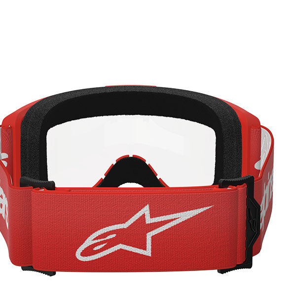 Product image of Alpinestars BTO Sports 5103325 3067 b Vision 3 Wordmark Goggle Red Clear motocross goggles showing frame design, lens style, and colorway