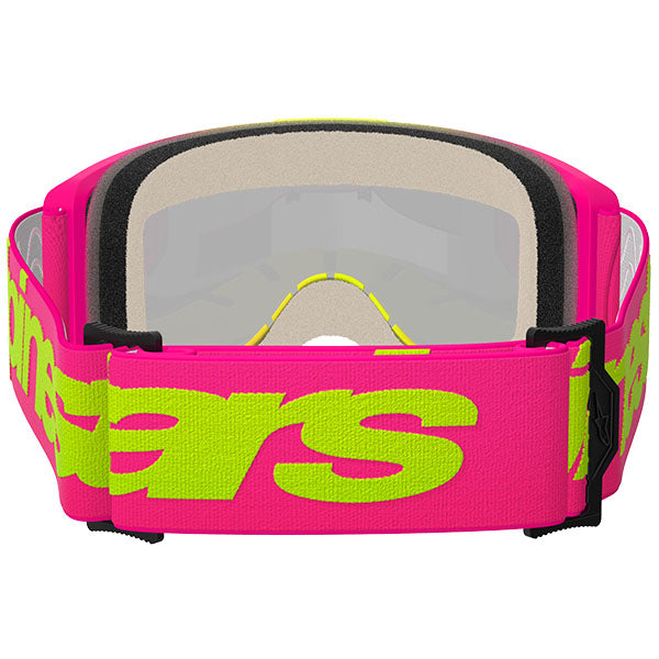 Product image of Alpinestars BTO Sports 5102425 3085 b Vision 5 Wordmark Goggle Pink Fluo Yellow Mirror Red motocross goggles showing frame design, lens style, and colorway