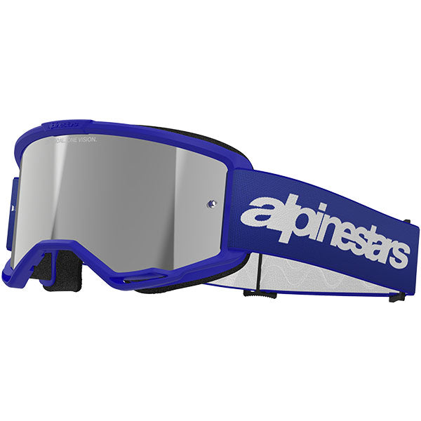 Product image of Alpinestars BTO Sports 5103225 7266 f Vision 3 Wordmark Goggle Blue Mirror Silver motocross goggles showing frame design, lens style, and colorway