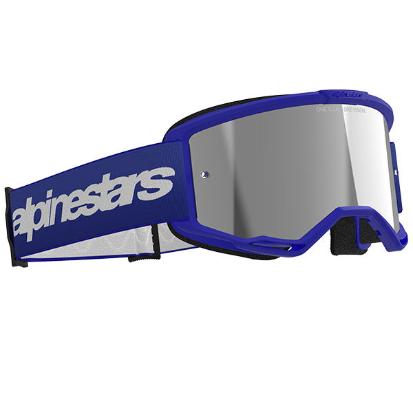 Product image of Alpinestars BTO Sports 5103225 7266 d2 Vision 3 Wordmark Goggle Blue Mirror Silver motocross goggles showing frame design, lens style, and colorway