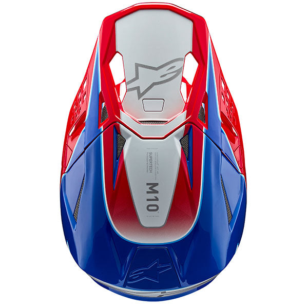 Bright Red/Blue Glossy product view, lightweight off‑road motorcycle helmet with ventilation and impact protection