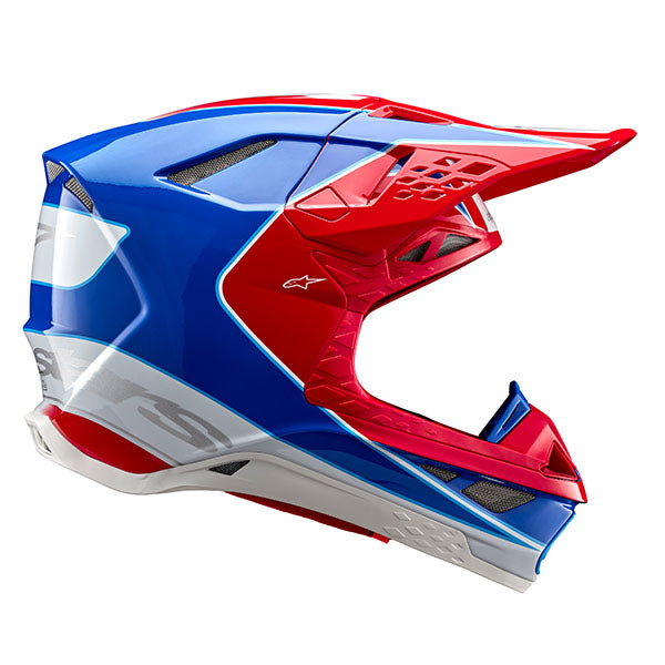 Bright Red/Blue Glossy product view, lightweight off‑road motorcycle helmet with ventilation and impact protection