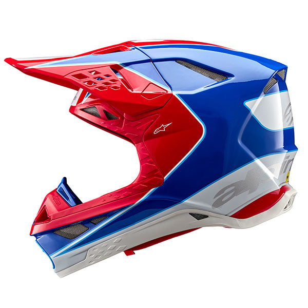 Bright Red/Blue Glossy product view, lightweight off‑road motorcycle helmet with ventilation and impact protection