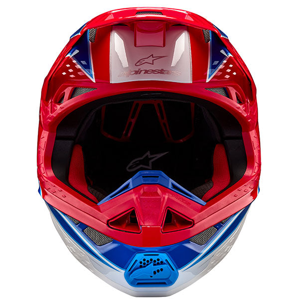 Bright Red/Blue Glossy product view, lightweight off‑road motorcycle helmet with ventilation and impact protection