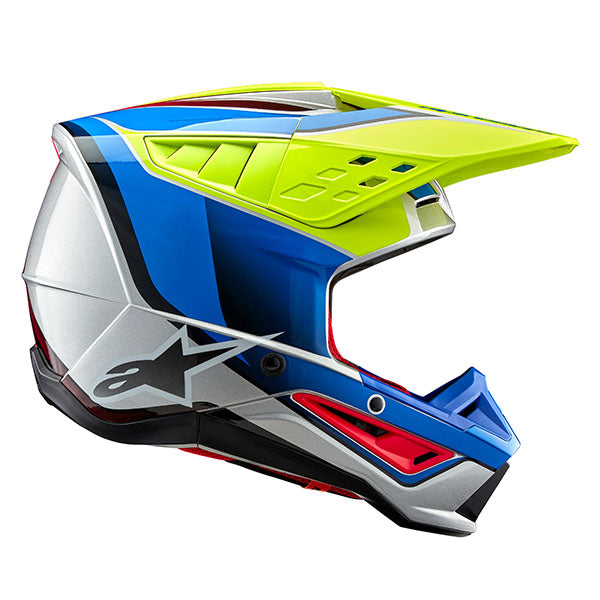 Yellow Fluo/Enamel/Blue Silver Glossy product view, lightweight off‑road motorcycle helmet with ventilation and impact protection