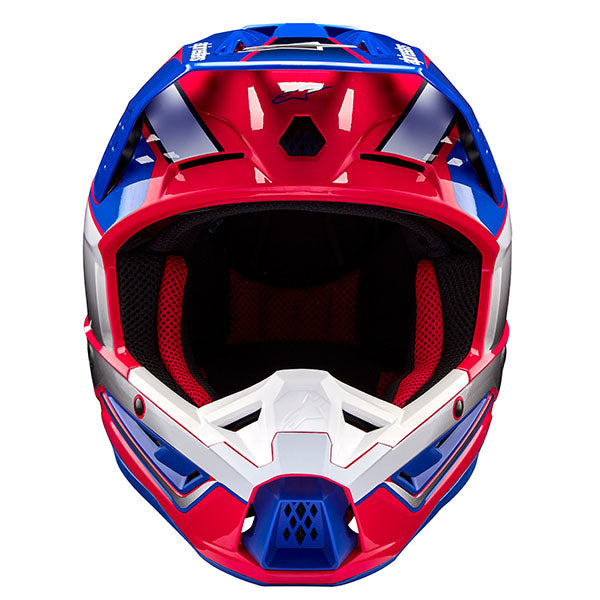 White/Diva Pink/Enamel/Blue Glossy product view, lightweight off‑road motorcycle helmet with ventilation and impact protection