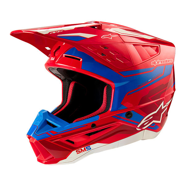 Bright Red/Blue Glossy product view, lightweight off‑road motorcycle helmet with ventilation and impact protection