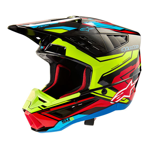 Bright Red/Blue Glossy product view, lightweight off‑road motorcycle helmet with ventilation and impact protection