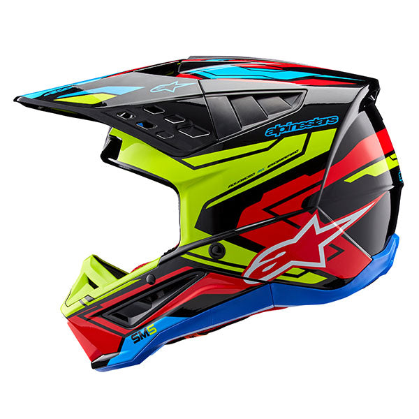 Bright Red/Blue Glossy product view, lightweight off‑road motorcycle helmet with ventilation and impact protection