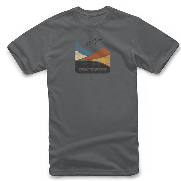Professional studio photo of Alpinestars Expo Tee; showing tee fit, printed graphics, and crew neckline; SKU 482-76207S; Colors: Charcoal, Black
