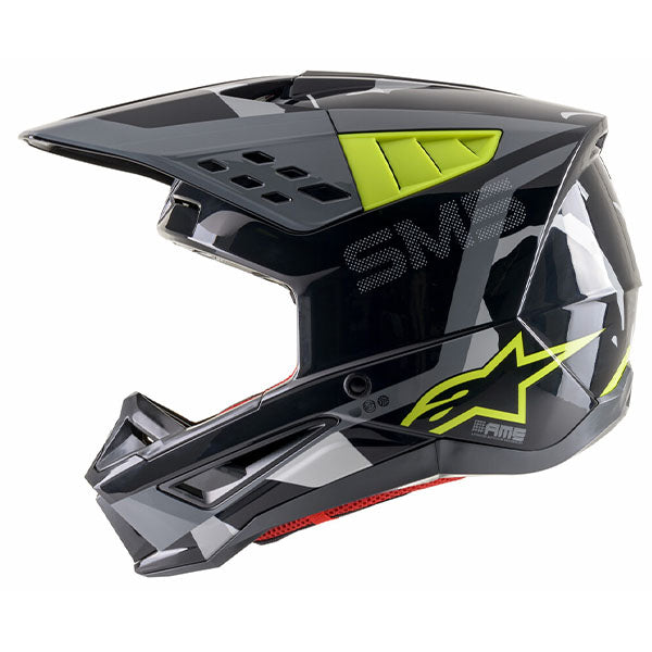 Anthracite/Red Fluo/Camo product view, lightweight off‑road motorcycle helmet with ventilation and impact protection