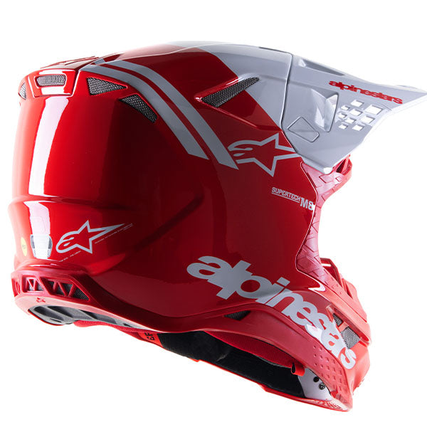 Bright Red / White product view, lightweight off‑road motorcycle helmet with ventilation and impact protection