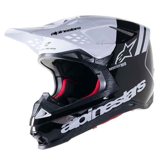 Bright Red / White product view, lightweight off‑road motorcycle helmet with ventilation and impact protection