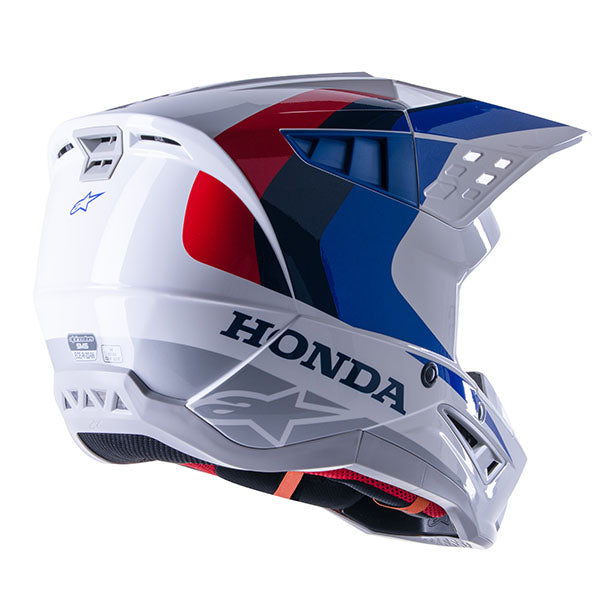 White/Blue/Red product view, lightweight off‑road motorcycle helmet with ventilation and impact protection